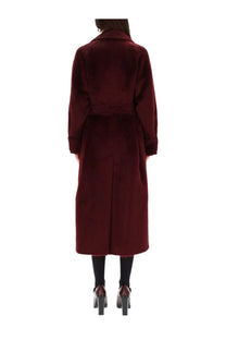 Max mara women’s coat albata red burgundy longline plush fur coat with matching belt for stylish warmth