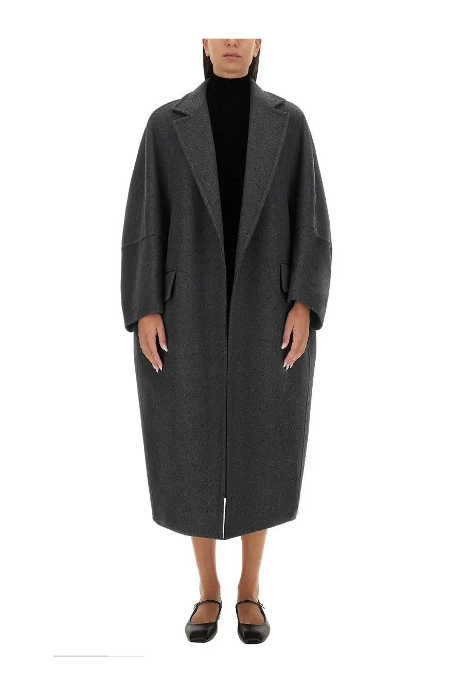 Max Mara women’s charcoal gray wool overcoat with a classic double-breasted design and wide lapels