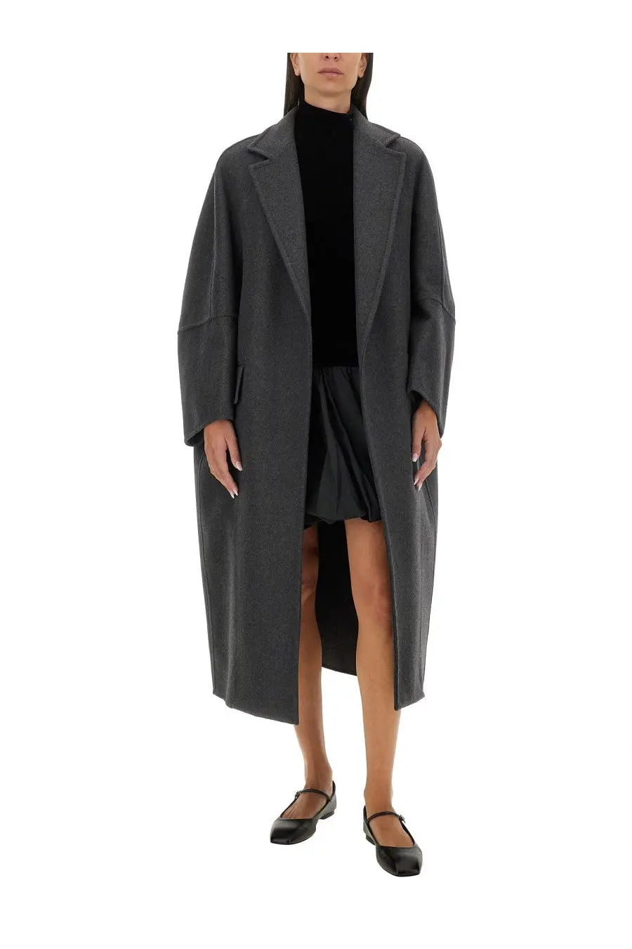 A sleek dark gray wool overcoat with relaxed fit and classic lapel collar from Max Mara womens coat Asburg Grey