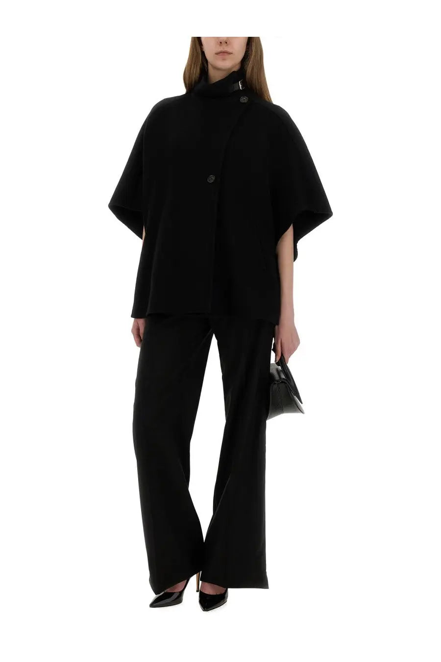 Max mara women’s black wool cape coat derrik with a high collar and two front buttons