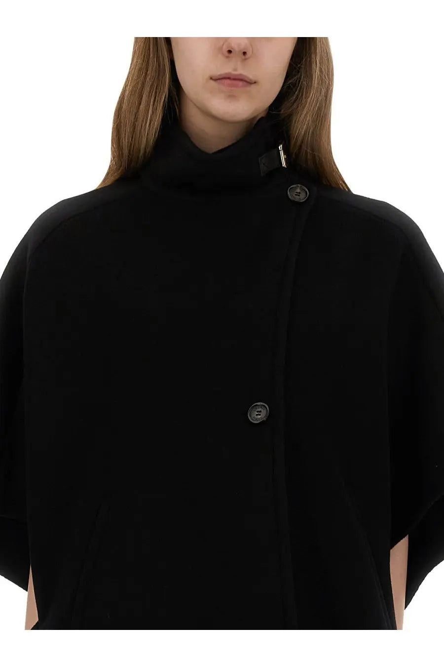 Max Mara women’s black woolen coat Derrik with high collar and dark buttons perfect for cold weather