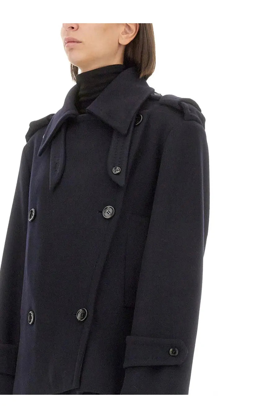 Max mara women’s black double-breasted trench coat with structured shoulders and dark buttons in laveno blue