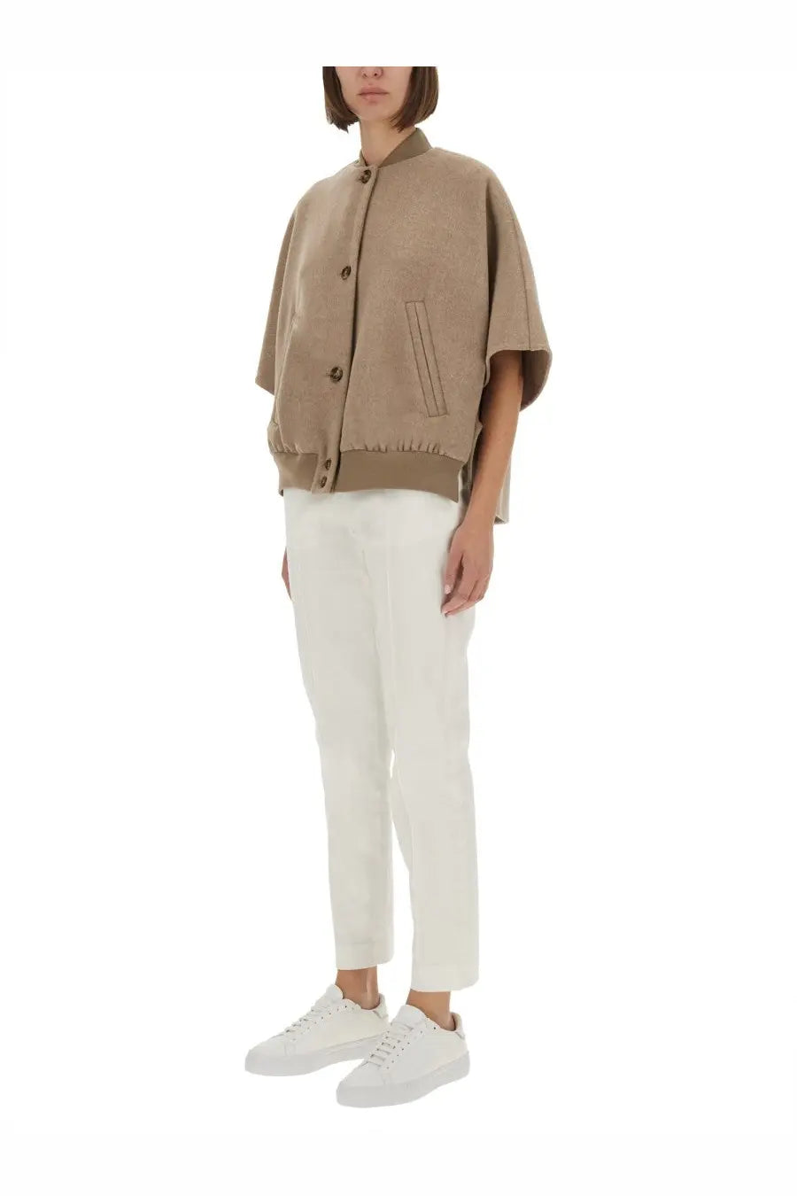 Max Mara women’s coat Leticia beige suede bomber jacket with short sleeves and brown buttons