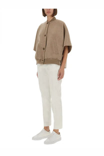 Max Mara women’s coat Leticia beige suede bomber jacket with short sleeves and brown buttons