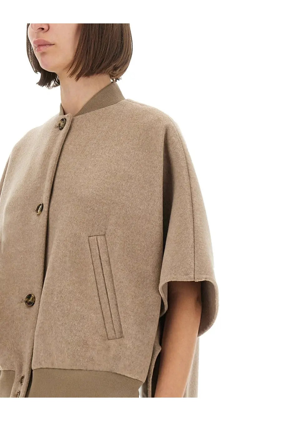 Max Mara women’s beige woolen cape-style coat Leticia with button closures and ribbed collar front view