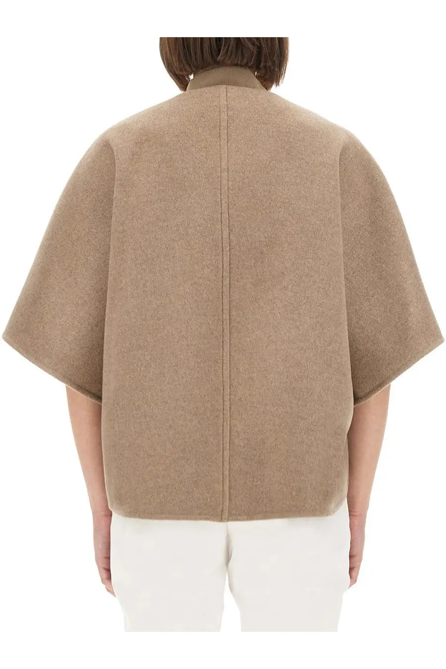 Max Mara women’s beige woolen coat Leticia with subtle textured weave and wide flowing sleeves viewed from the back
