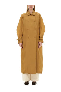 Max mara women’s mustard yellow trench coat with double-breasted front and belt-tied cuffs in sack beige