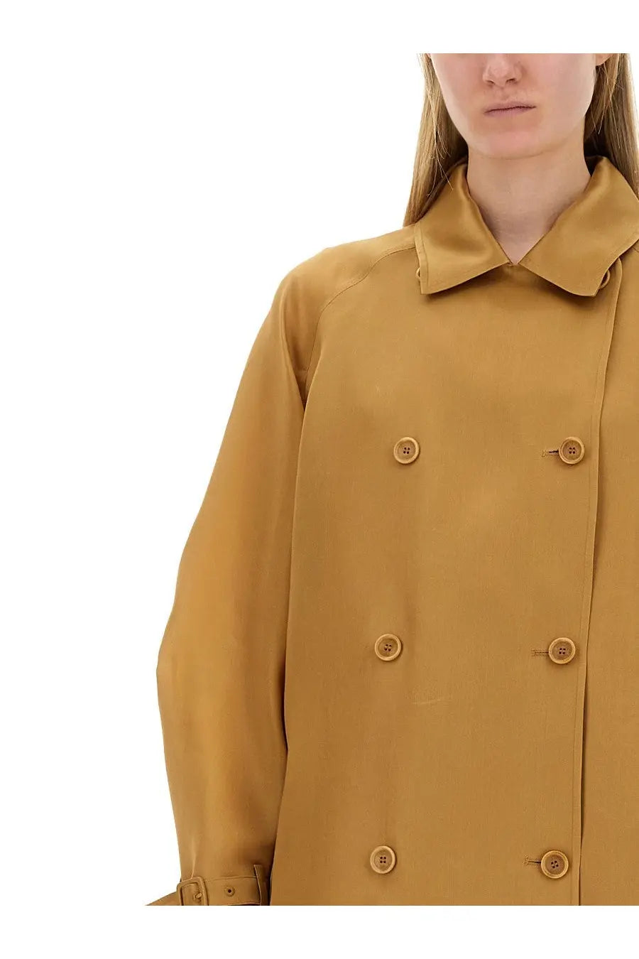 Max Mara women’s coat sack beige in sleek mustard yellow with structured collar and matching buttons