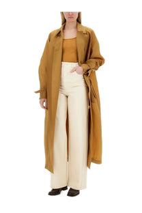 Max Mara women’s tan trench coat with belted waist and buttoned front in sack beige wool blend material