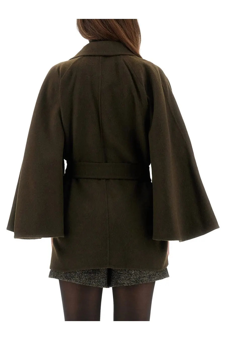 Max Mara women’s olive green belted coat with flared sleeves and structured collar perfect for stylish outerwear