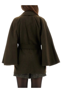 Max Mara women’s olive green belted coat with flared sleeves and structured collar perfect for stylish outerwear