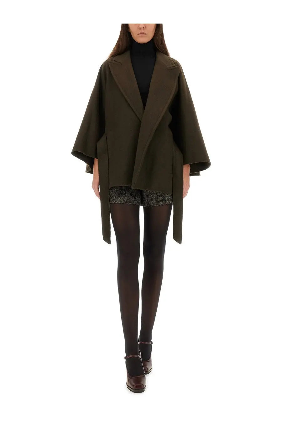 Max Mara women’s olive green wool-blend cape coat with wide lapels and flared sleeves for stylish layering