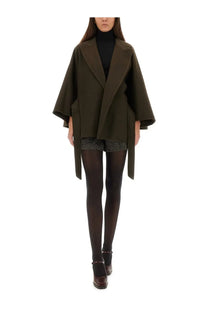 Max Mara women’s olive green wool-blend cape coat with wide lapels and flared sleeves for stylish layering