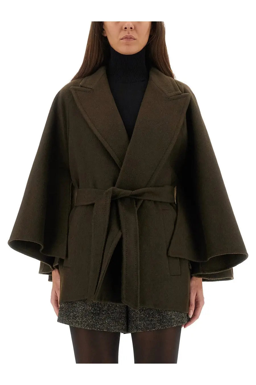 Max Mara women’s olive green wool-blend cape coat with belted waist and flared sleeves