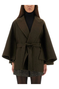 Max Mara women’s olive green wool-blend cape coat with belted waist and flared sleeves