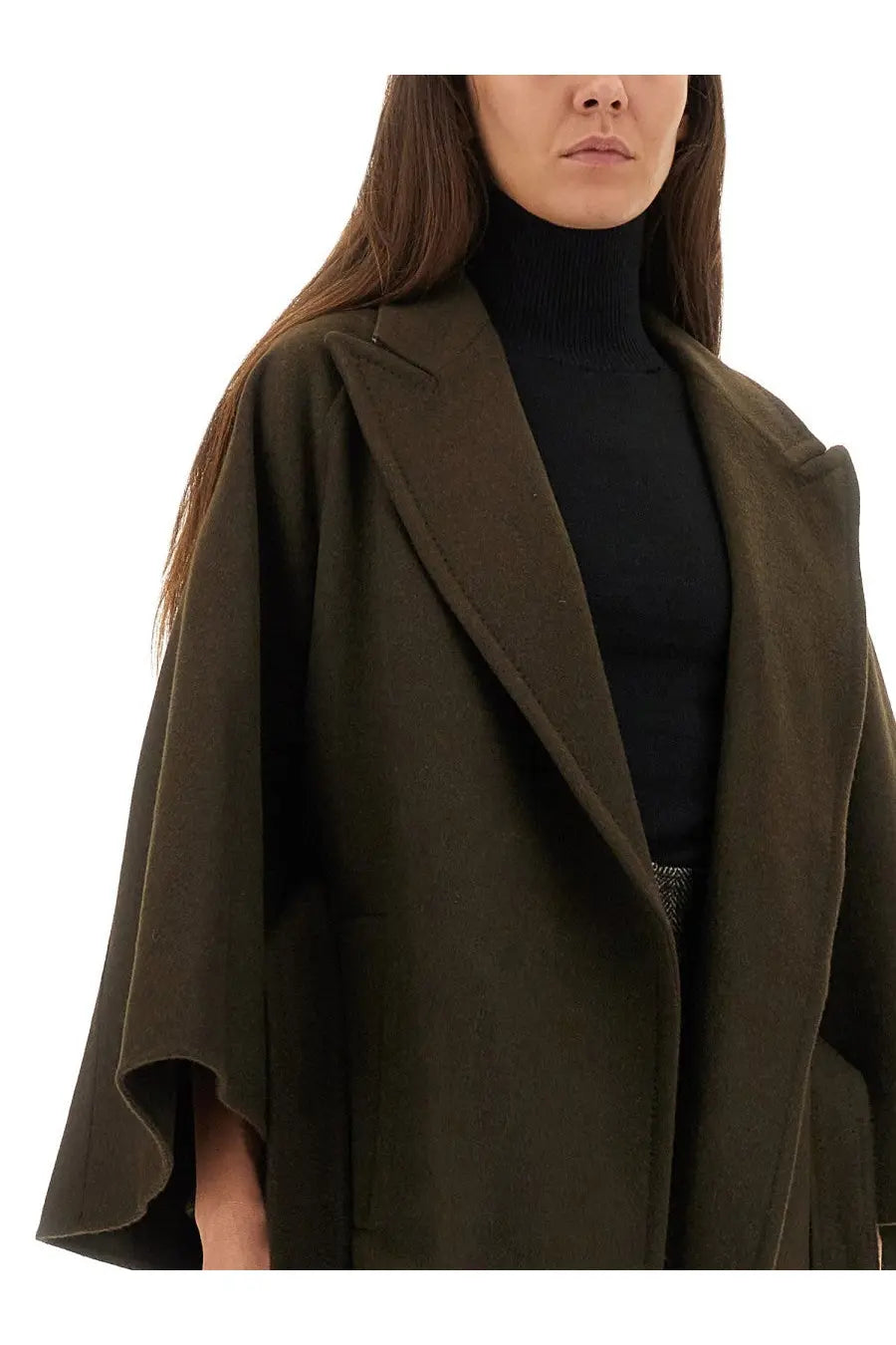Max Mara women’s olive green wool cape coat with notched lapels and relaxed flowing silhouette