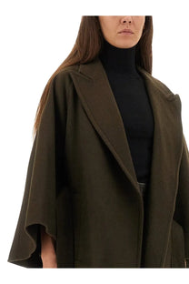 Max Mara women’s olive green wool cape coat with notched lapels and relaxed flowing silhouette