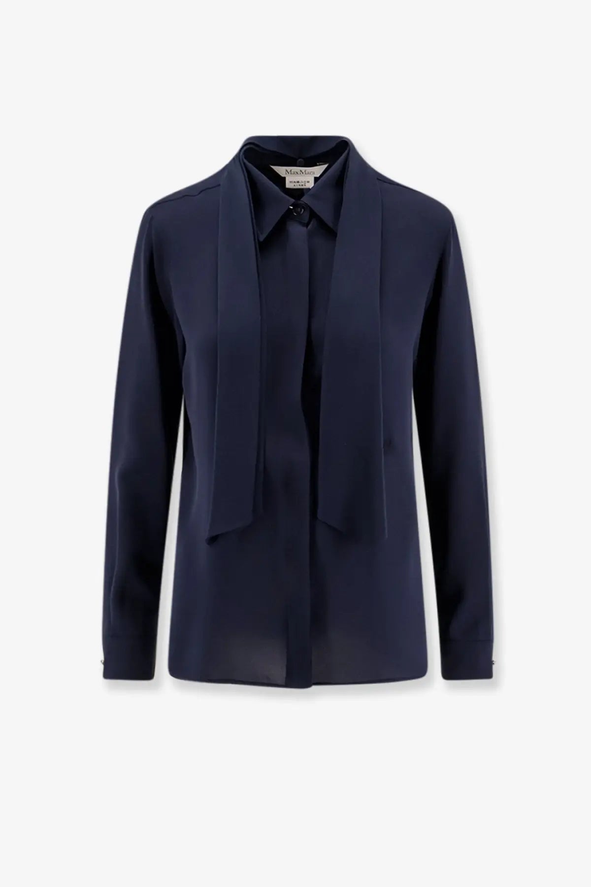 Navy blue silk blouse with draped front and classic collar from Max Mara women’s Colmo silk shirt collection