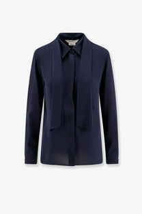 Navy blue silk blouse with draped front and classic collar from Max Mara women’s Colmo silk shirt collection