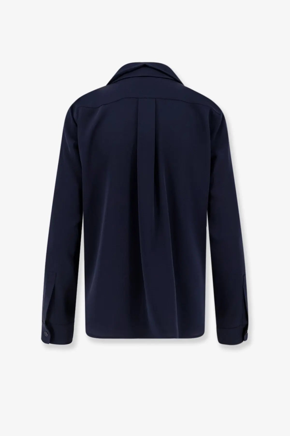 Max mara women’s colmo silk shirt blue showing back side with navy blue long sleeves structured collar and pleats
