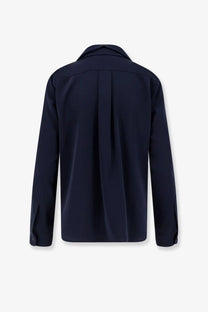 Max mara women’s colmo silk shirt blue showing back side with navy blue long sleeves structured collar and pleats