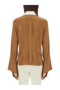 Max Mara women’s beige camel-colored silk blouse with white collar and flared sleeves color block shirt