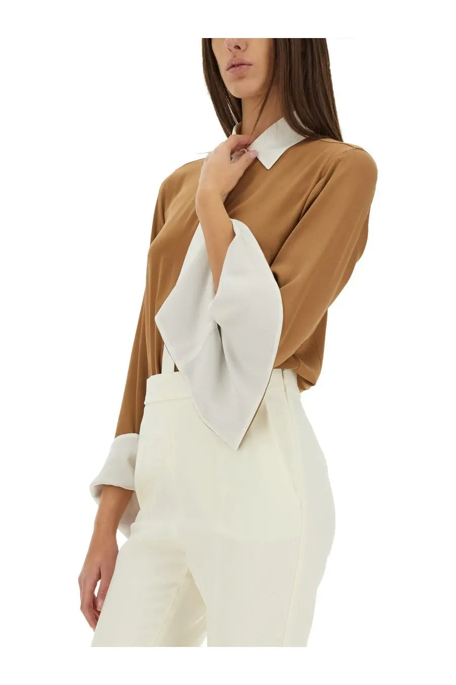 Max Mara women’s beige satin blouse with white collar and voluminous front bow in color block design