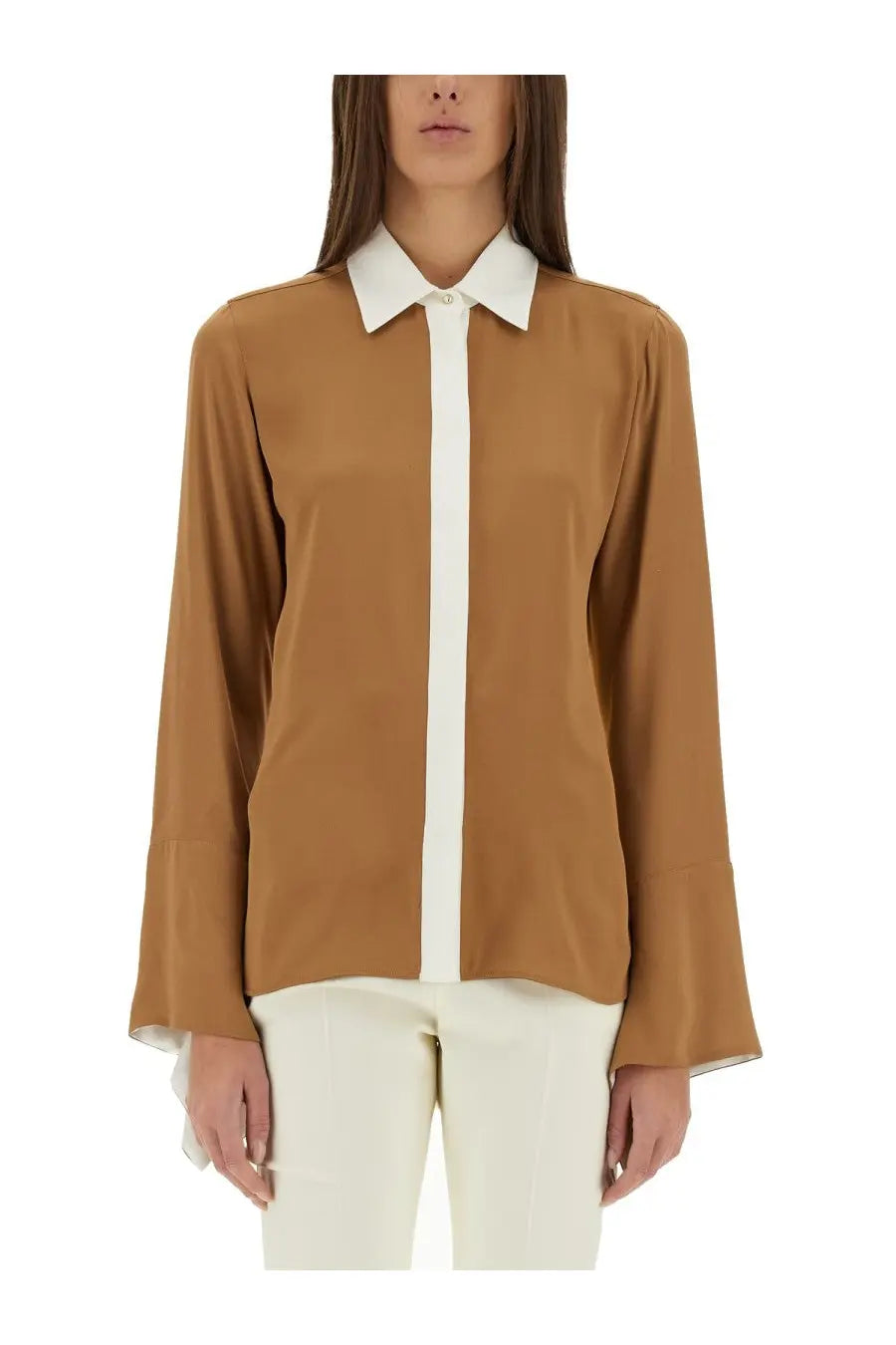 Max Mara women’s beige satin blouse with contrasting white collar long sleeves and flared cuffs