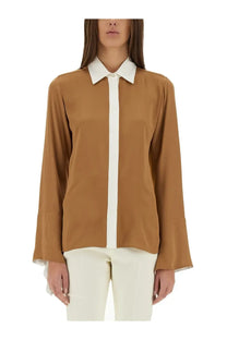 Max Mara women’s beige satin blouse with contrasting white collar long sleeves and flared cuffs
