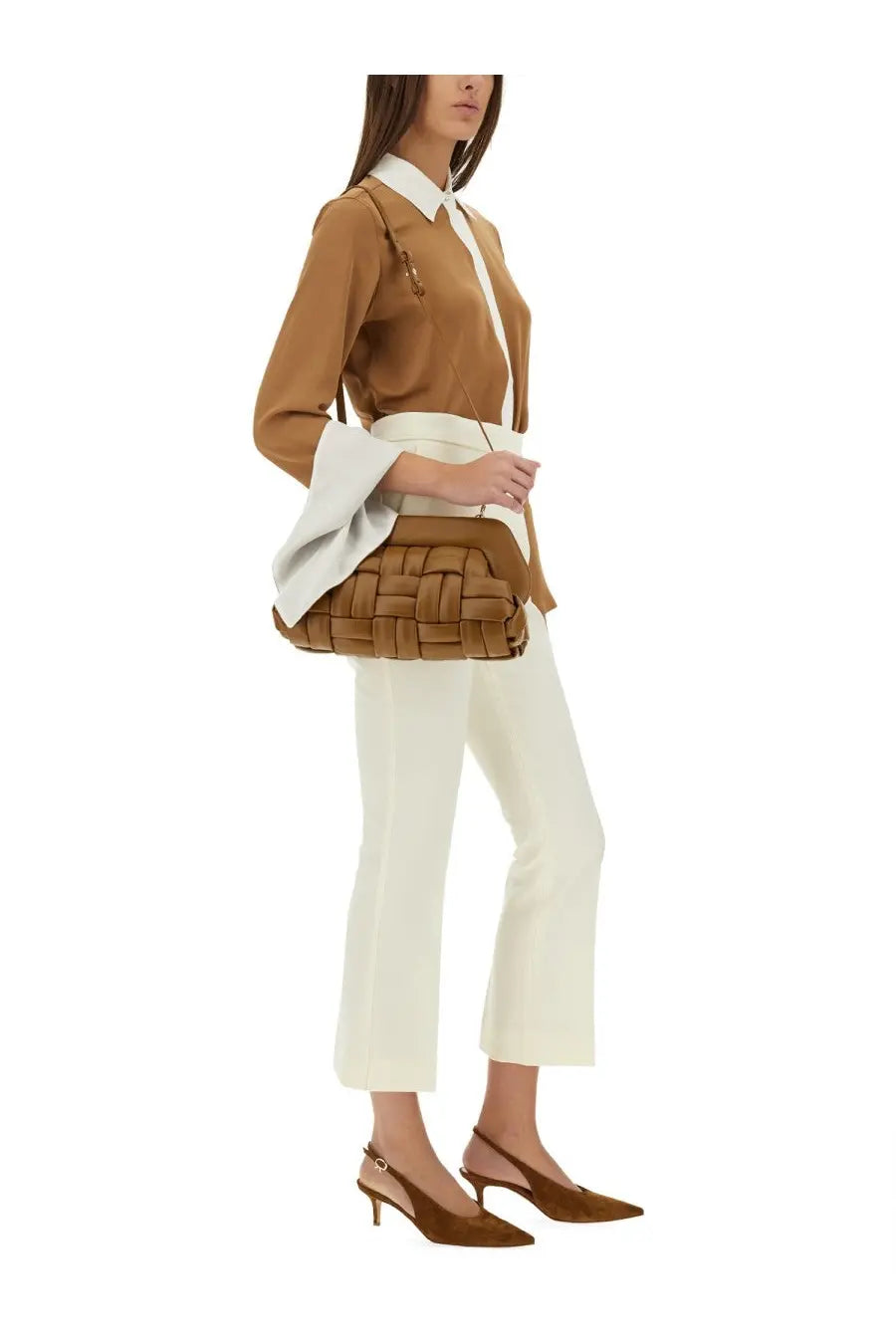 A tan woven leather crossbody bag with a structured basketweave design and matching shoulder strap