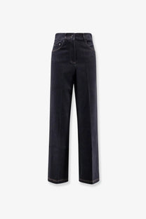 Black high-waisted wide-leg denim trousers with subtle stitching details in max mara cotton blend material
