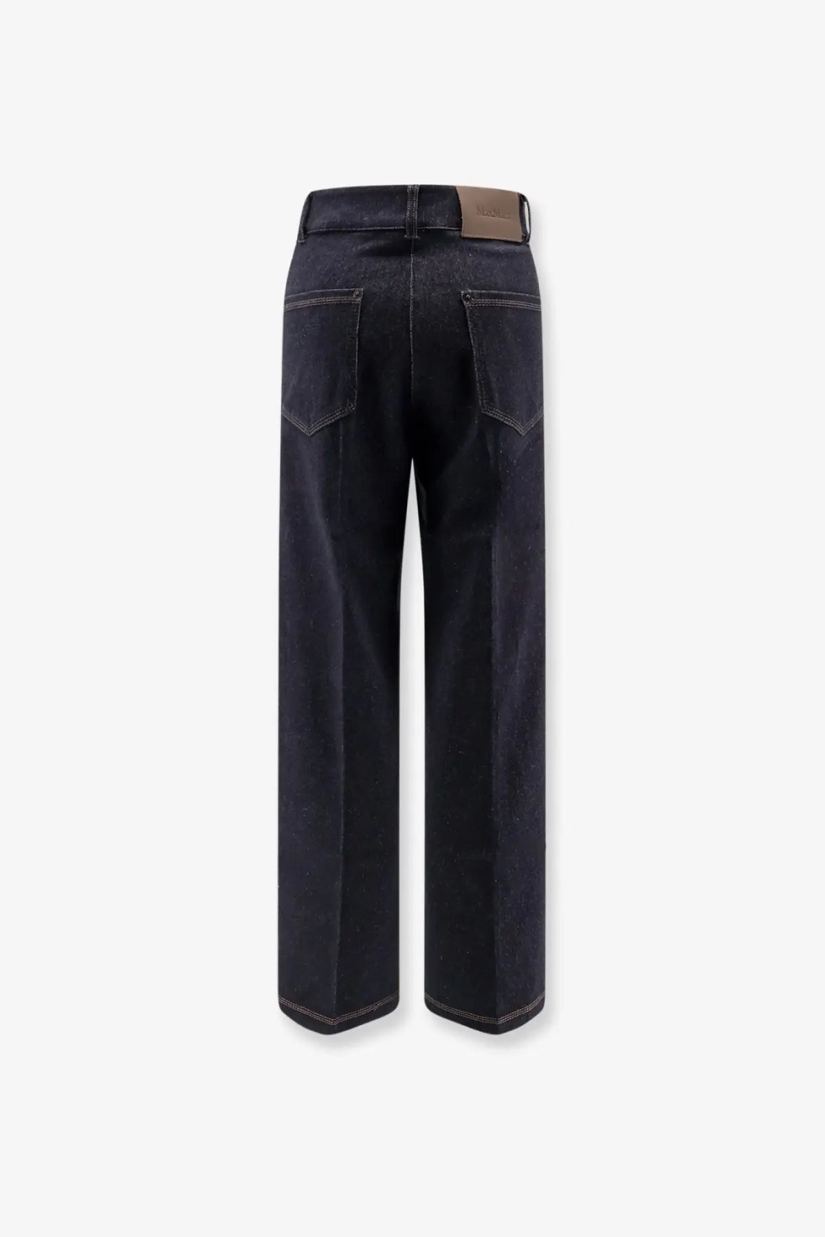 Max Mara women’s dark indigo cotton blend straight-leg trousers with contrasting stitching in blue