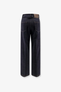 Max Mara women’s dark indigo cotton blend straight-leg trousers with contrasting stitching in blue