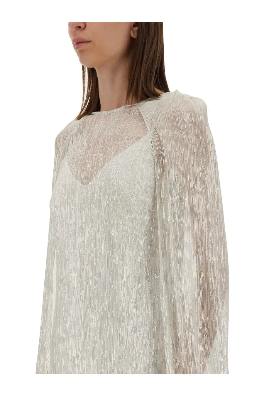 Max Mara women’s Delta bridal dress white featuring a delicate off-white sheer blouse with subtle shimmering texture and long sleeves