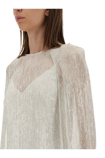Max Mara women’s delta bridal dress white featuring a delicate off-white sheer blouse with subtle shimmering texture and long sleeves