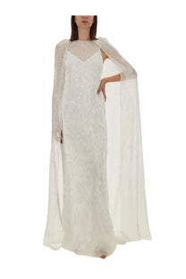 Elegant max mara women’s delta bridal dress white ivory lace gown with flowing cape overlay and delicate sheer sleeves