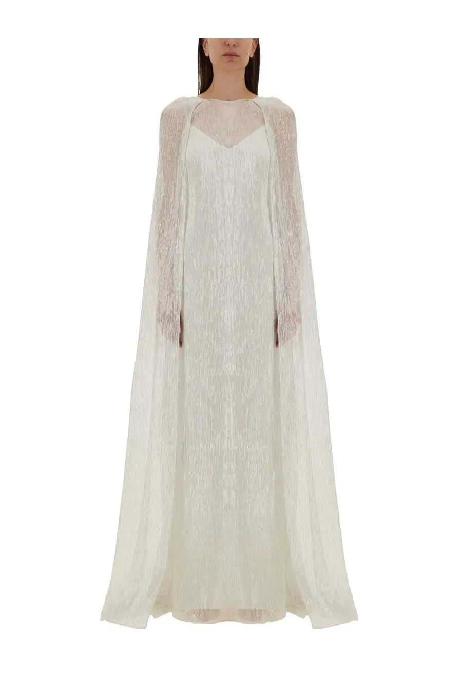 Max mara women’s delta bridal dress white featuring a flowing ivory lace cape with sheer textured overlay and long sleeves
