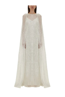 Max mara women’s delta bridal dress white featuring a flowing ivory lace cape with sheer textured overlay and long sleeves