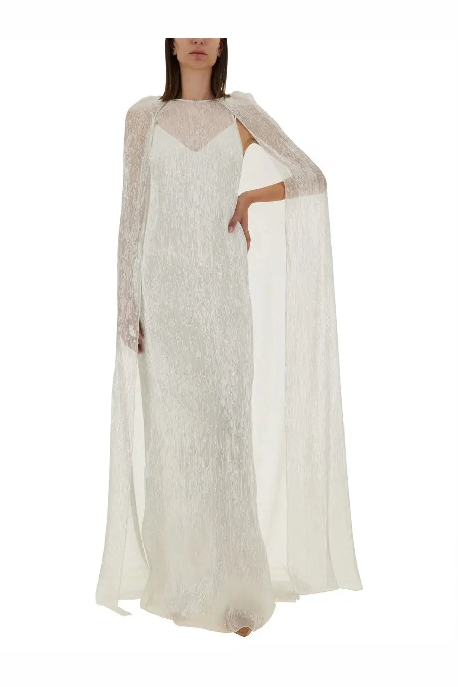 Max mara women’s delta bridal dress white featuring a flowing ivory lace cape with sheer long sleeves and delicate embroidery