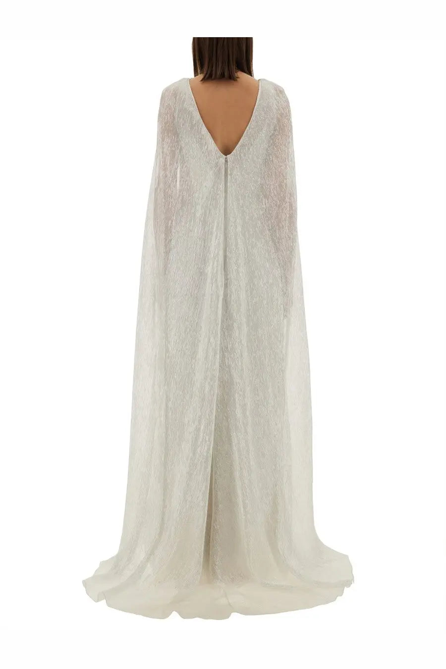 Back view of max mara women’s delta bridal dress white featuring a flowing white lace cape with deep v-back sheer fabric