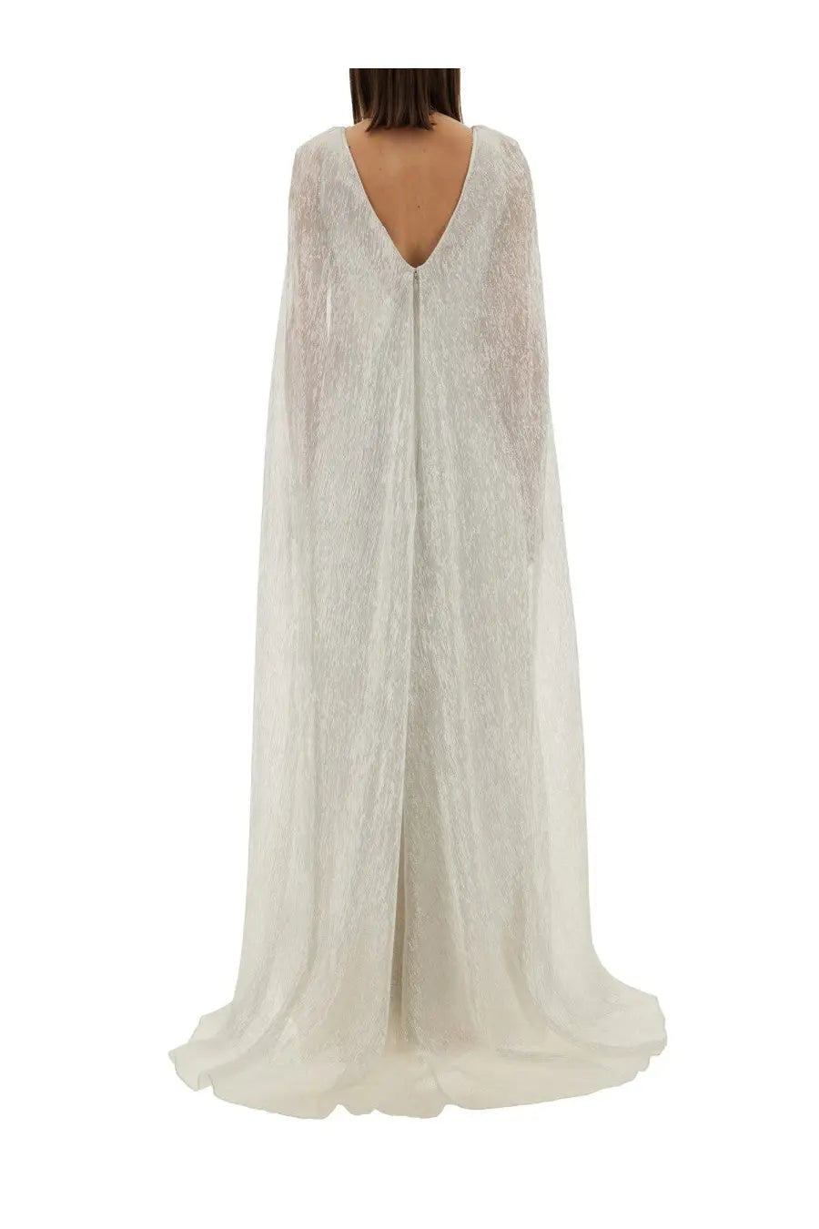 Max mara women’s delta bridal dress white showing flowing off-white lace cape dress with deep v-back and subtle shimmer