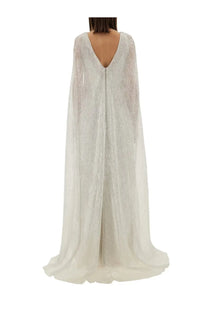 Max mara women’s delta bridal dress white showing flowing off-white lace cape dress with deep v-back and subtle shimmer