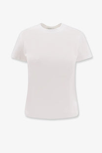 Max Mara women’s Donata white cotton shirt featuring a minimalist crew neck and short sleeves design