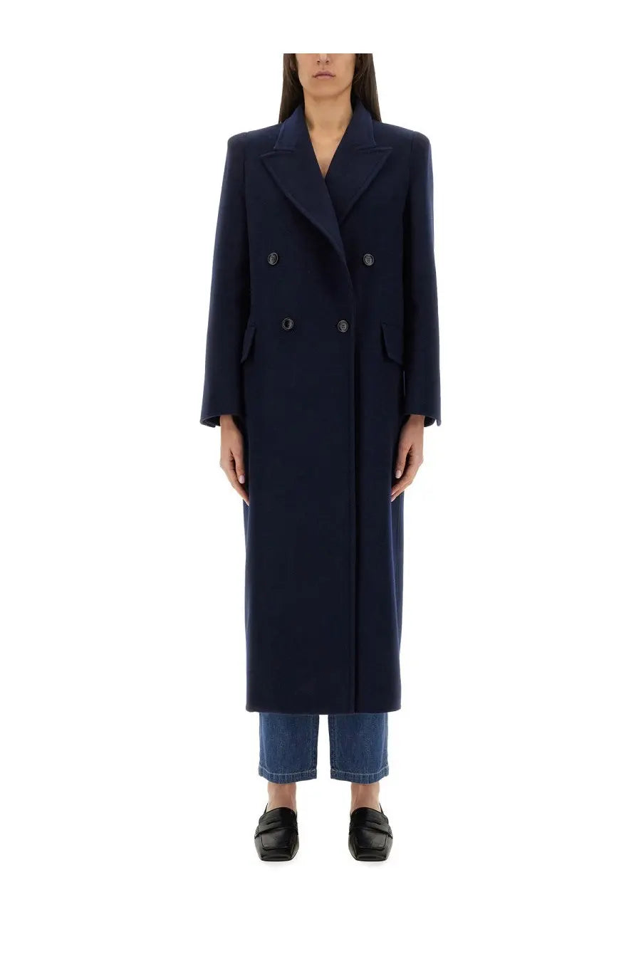 Max Mara women’s double breasted navy blue wool coat with notched lapels and front pockets Albania1234 blue