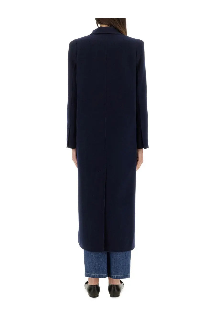 Navy blue wool double breasted overcoat with classic collar and straight cut silhouette by max mara women’s albania1234