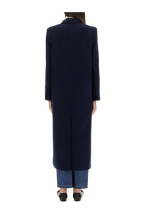 Navy blue wool double breasted overcoat with classic collar and straight cut silhouette by max mara women’s albania1234