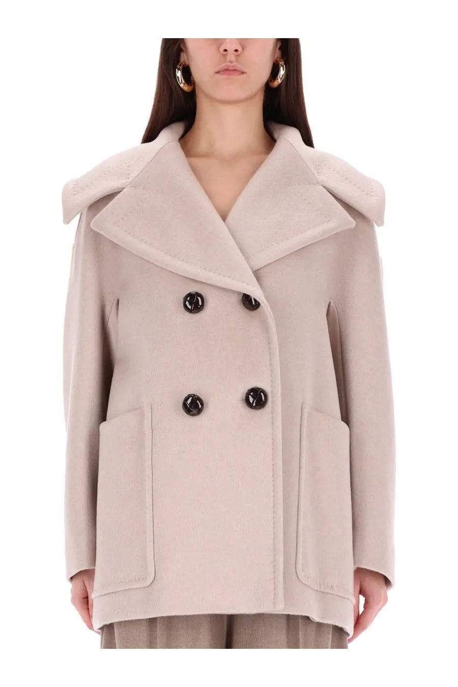 Max Mara women’s double breasted beige wool coat with plush collar and black buttons for stylish warmth