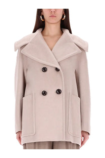 Max Mara women’s double breasted beige wool coat with plush collar and black buttons for stylish warmth