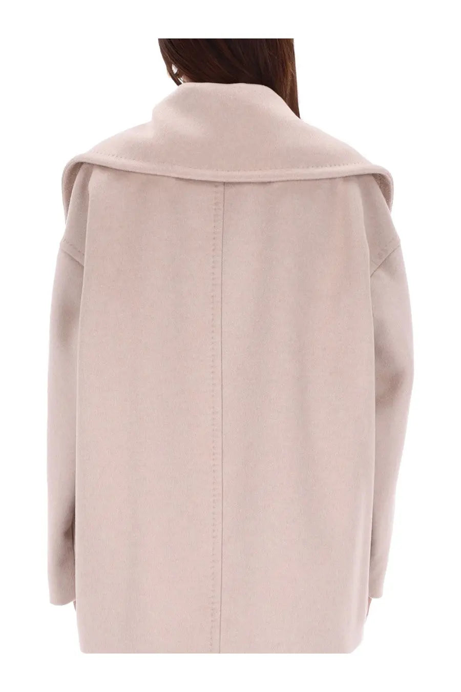 Back view of max mara women’s double breasted wool coat mario in beige with wide collar and straight stitching