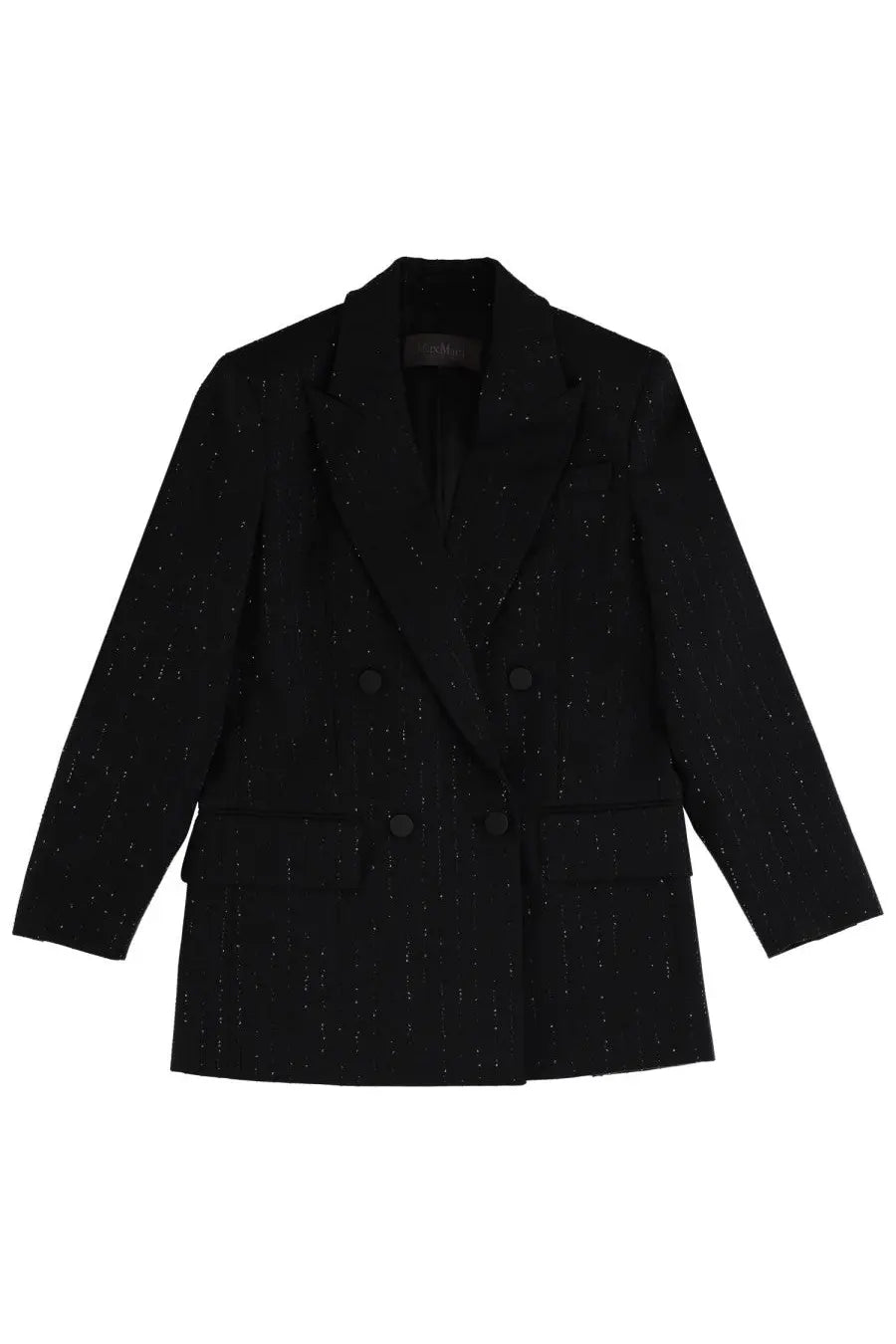 Max Mara women’s black double breasted blazer with subtle sparkling speckles across the fabric